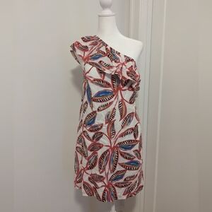 J Crew  Factory Dress XS Pink Multi One Shoulder Floral Linen Cotton Ruffle